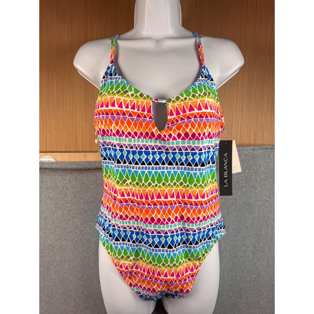 La Blanca Tummy Control One Piece Swimsuit Multi Geometric LB71228M Size 12 NWT